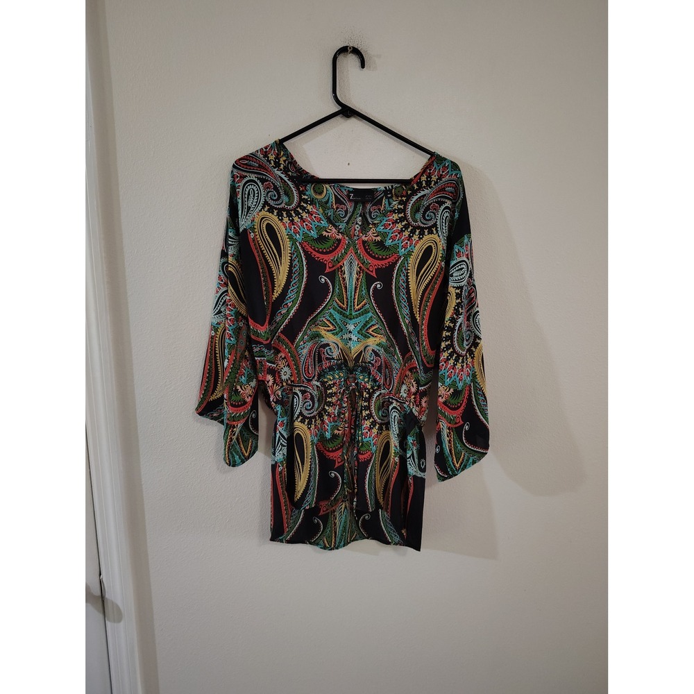 7 New York & Company Paisley Tunic Top Multi Color V-Neck Kimono Sleeve Medium
